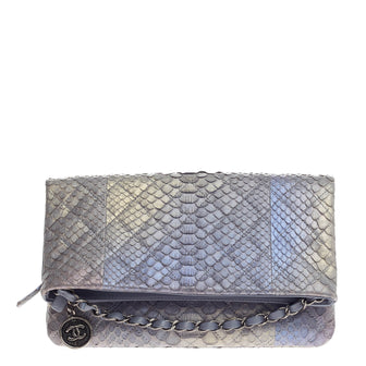 Chanel Medallion Charm Fold Over Clutch Quilted Python Small