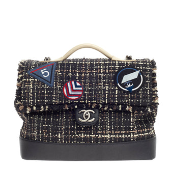 Chanel Crest Trip Flap Satchel Patch Embellished Tweed and Grained Calfskin Large