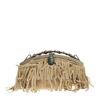 Valentino Beetle Fringe Chain Frame Clutch Suede Small