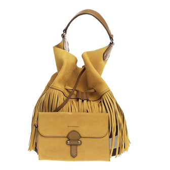 Burberry Belgrove Fringe Bucket Bag Suede and House Check Canvas Large