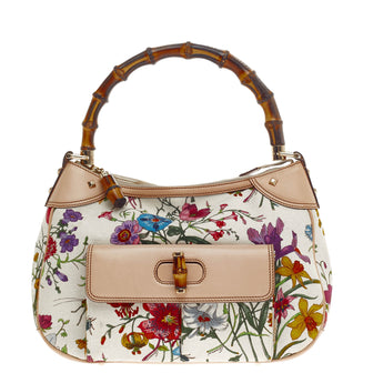 Gucci Bamboo Front Pocket Shoulder Bag Flora Canvas -