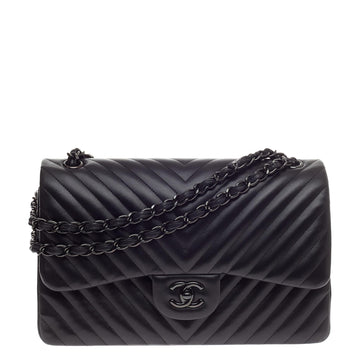 Chanel So Black Classic Double Flap Chevron Lambskin Jumbo
