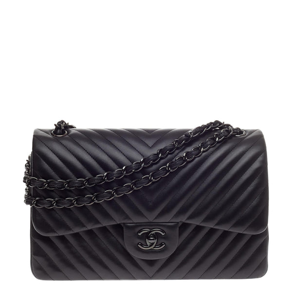Chanel Rare Collectors Sold Out Chevron SO Black Double Flap Jumbo Classic  Bag