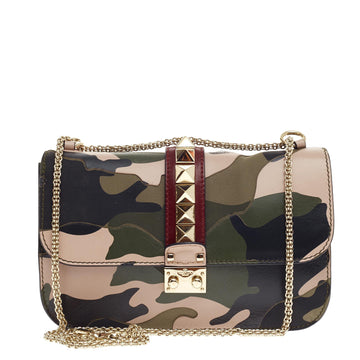 Valentino Glam Lock Shoulder Bag Camo Leather and Canvas Medium