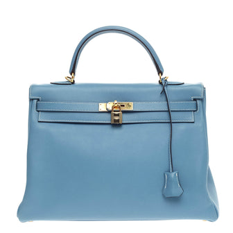 Hermes Kelly Blue Swift with Gold Hardware 35