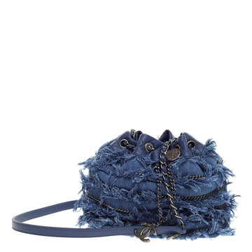 Chanel Drawstring Charm Bucket Bag Fringe Denim