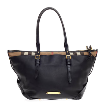 Burberry Bridle Salisbury Tote Leather and House Check Canvas Small
