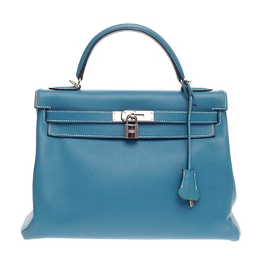 Hermes Kelly Blue Jean Evergrain with Palladium Hardware 32