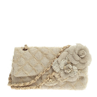 Chanel Camellia Classic Single Flap Bag Quilted Burlap Medium